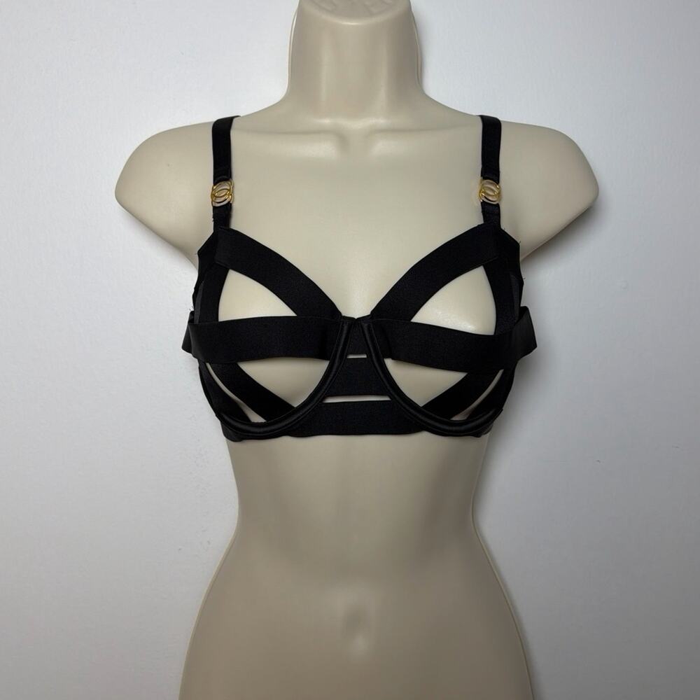 Victorias Secret Very Sexy Luxe Caged Strappy Balconet Bra Black Gold Size 34D